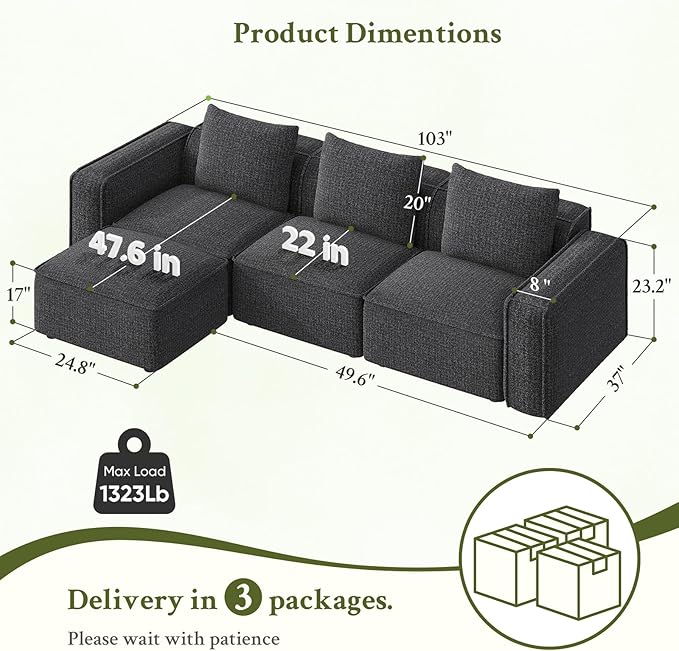 Welzona 103" Modular Sectional Sofa, Minimalist Comfy Cloud Couch Sectional, Tool-Free Setup Couches for Living Room, Wood Frame l Shaped Couch with Ottoman, 22" Deep Seat Chenille Cloud Sofa