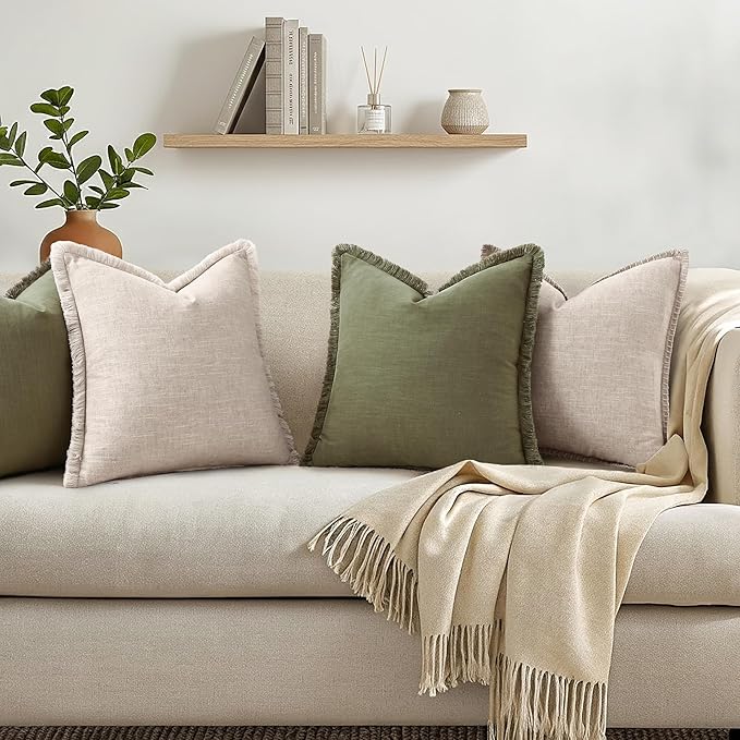 decorUhome Decorative Linen Fringe Throw Pillow Covers 18x18 Set of 2, Cozy Boho Farmhouse Cushion Cover with Tassels Soft Accent Pillowcase for Couch Sofa Bed Living Room, Ecru