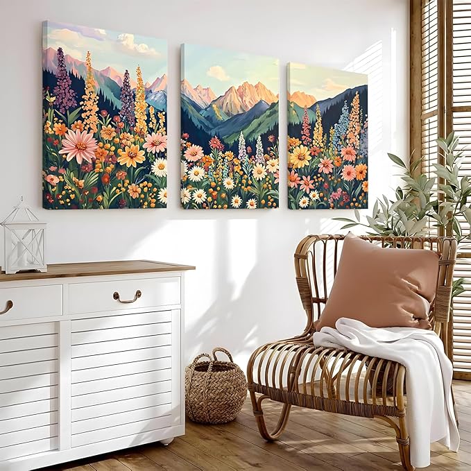 Framed Mountain Daisy Wildflower Landscape Wall Art, Boho Floral Wall Decor, Colorful Daisy Flower Canvas Paintings, Vintage Nature Botanical Poster Prints for Living Room Bedroom 12x16in