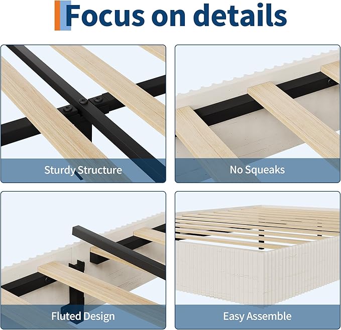 Garvee Full Bed Frame, Wood Platform Bed with Fluted Design, Low Profile BedFrame, Minimalist Bed Base with Noise-Free, Easy Assembly, No Box Spring Needed, Cream