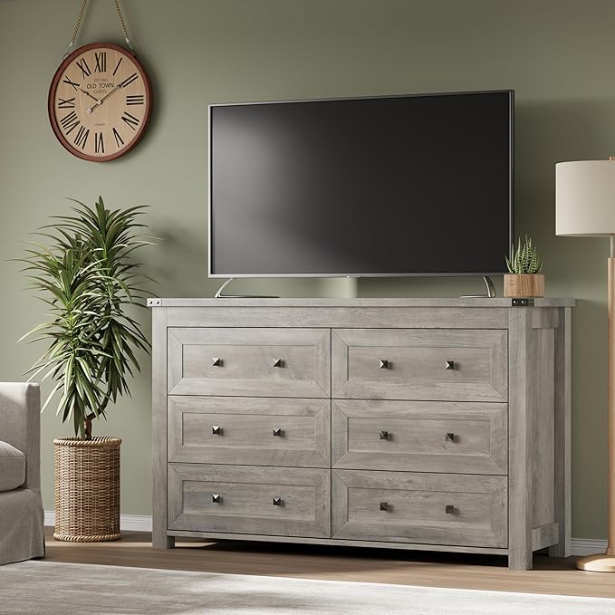 BORNOON 6-Drawer Dresser, Modern Wooden Storage Chest of Drawers, Dresser TV Stand, Wood Drawer Organizer with Metal Handles for Bedroom, Living Room, Hallway