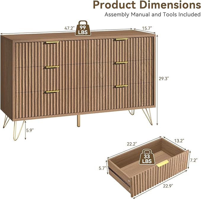 Fluted 6 Drawers Dresser for Bedroom, Wood Dressers with Scratch-Proof Golden Handles, Natural Curved Profile, Modern Double Chest for Living Room, Hallway, Entryway, Natural Oak