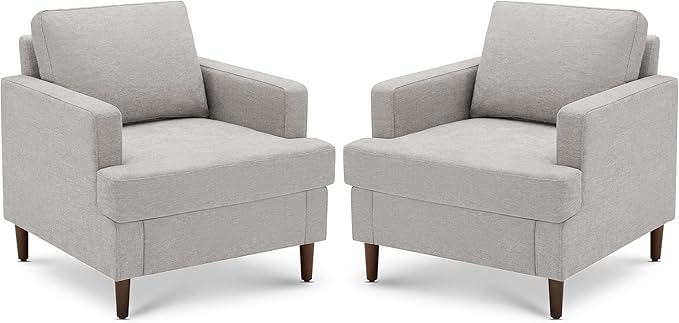 Weture Mid-Century Accent Chair,Modern Linen Fabric Armchair for Living Room,Comfy Upholstered Reading Accent Chairs for Bedroom,Single Sofa Chair with Wood Legs (Light Grey, 2 Pack)