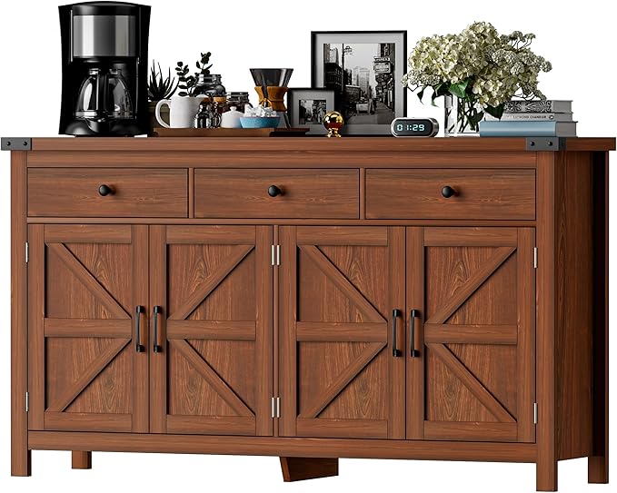 VVFLU 63" Sideboard Buffet Cabinet with Storage, Coffee Bar with 3 Drawers and 4 Barn Doors, Long Wider Storage Cabinet Modern Farmhouse, Cherry Wood, for Kitchen, Dining Room, Living Room