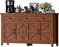VVFLU 63" Sideboard Buffet Cabinet with Storage, Coffee Bar with 3 Drawers and 4 Barn Doors, Long Wider Storage Cabinet Modern Farmhouse, Cherry Wood, for Kitchen, Dining Room, Living Room