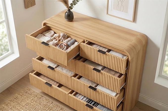 FURSUN Fluted 8 Drawers Dresser for Bedroom, 55" Wide Wooden Dresser with Metal Handle, Curved Profile Design, Modern Storage Organizer for Bedroom, Living Room, Hallway, Natural Oak