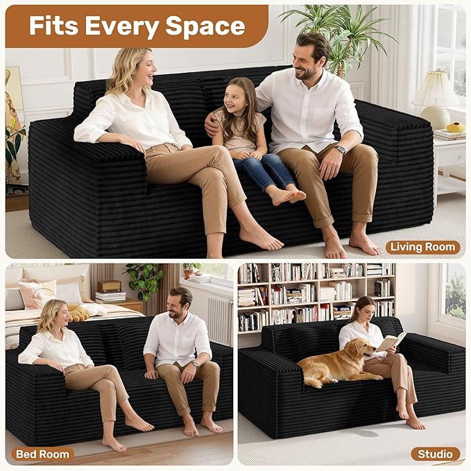 75'' Modern Cloud Loveseat Sofa Set of 2, No Assembly Required Comfy Deep Seat Couches 2 pcs for Living Room, Bedroom, Apartment (Corduroy-Black)
