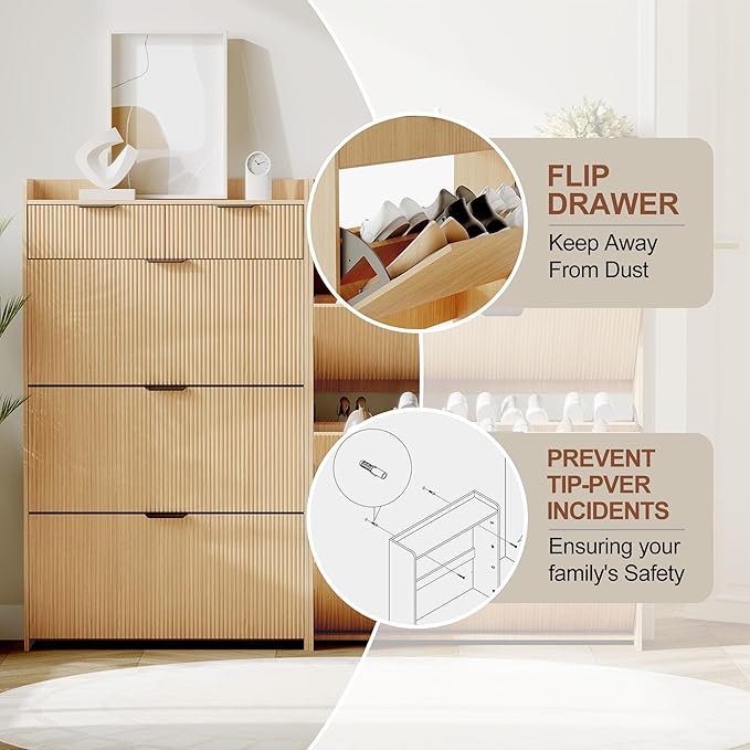 IDEALHOUSE Modern Shoe Cabinet with 3 Flip Drawers & 2 Small Drawers & Hook, Slim Fluted Shoe Storage Organizer, Narrow Entryway Cabinet for Apartment, (Wood Color, 3 Flip Drawers)