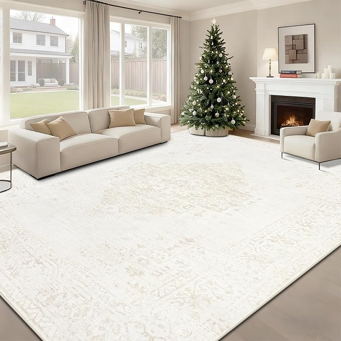 8x10 Area Rugs for Living Room: Washable Vintage Large Retro Rug Soft Non-Slip Indoor Low Pile Carpet for Bedroom Dining Room Office (Beige, 8' x 10')