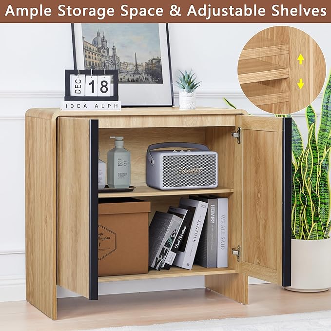 Bifins 31.5” Fluted Sideboard Buffet Cabinet with Storage,Mid Century Modern Small Wood Storage Cabinet with Arched Profile for Dining Room Kitchen Living Room (Oak 1pc)