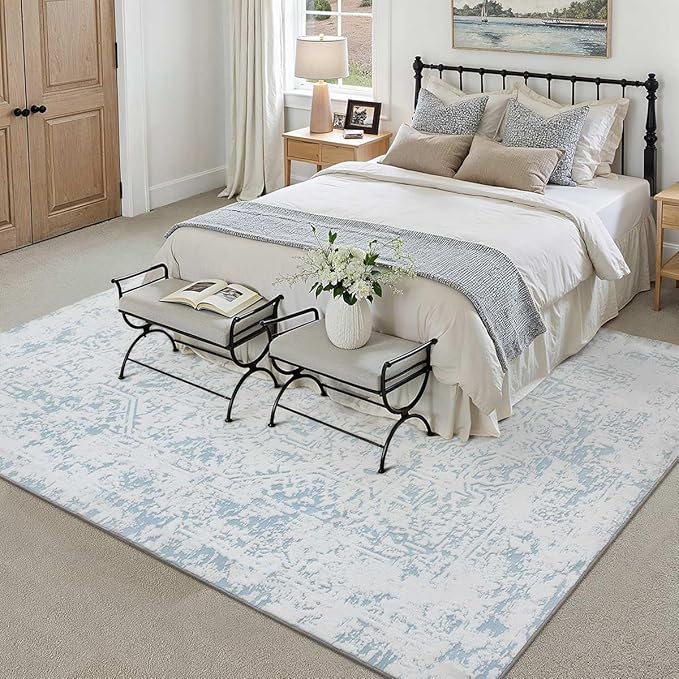 8x10 Fluffy Area Rug Blue Shag Neutral Carpet for Living Room Soft Medium Pile Floral Large Rug for Bedroom Dorm Office Dining Room Kitchen Nursery Modern Decor