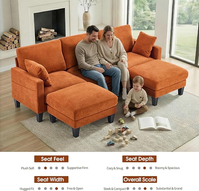 VINGLI 100" W U Shaped Couch with Ottoman, 22" Deep Seat Comfortable Sectional Couches for Living Room, 3 Seater Chenille Fabric Cloud Sofa for Apartment, Small Spaces, Bedroom, Orange
