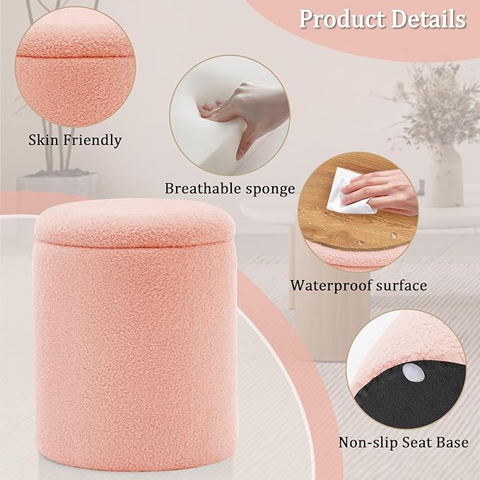 YSICK Round Ottoman with Storage, Set of 2, Small Vanity Stool as Vanity Chair, Sherpa Ottoman Foot Rest for Small Space, Living Room, Bedroom, Peach