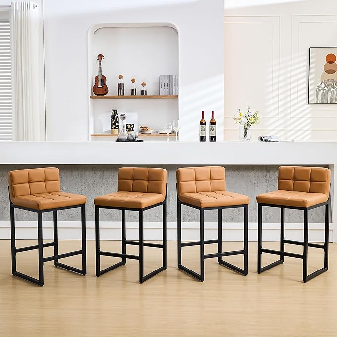 FIRAVOE Bar Height Stools Set of 4, PU Leather Barstools Modern Counter Stools with Back and Thickened Metal Legs, Bar Chairs for Kitchen Island (Caramel Brown, 4Pcs 26" Counter Stools)