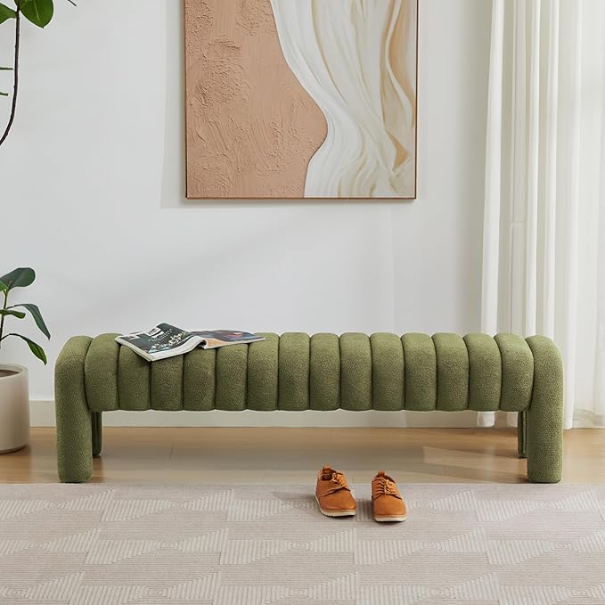 63" Boucle Bed Bench, Cute Upholstered Channel Tufted Bench for Entryway, Accent Window Seat for Living Room, Modern Minimalist Ottoman Foot Stool, Linen Green