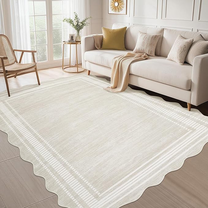 Garvee Scalloped Modern Abstract Rug 5x7 Washable Rug for Bedroom, Non-Slip Non-Shedding Soft Living Room Rug, Minimalist Scalloped Low-Pile Throw Carpet for Dining Room Home Office, Beige