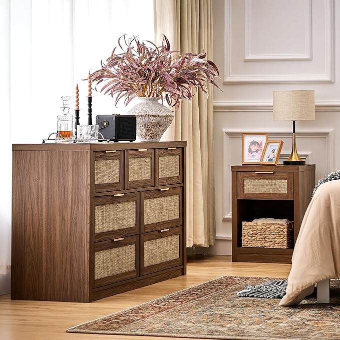 Walsham Night Stand Set 2, Rattan Nightstand with Charging Station, Modern End Table with Drawers, Bed Side Tables Set of 2 for Bedroom Living Room Sofa Couch Office (Special Walnut)