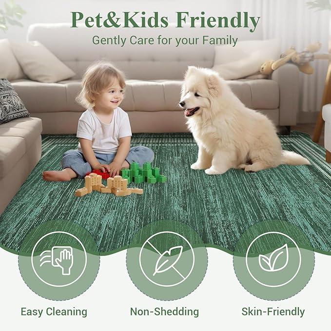 Garvee Scalloped Modern Christmas Area Rug 9x12 Large Washable Rug for Living Room, Non-Slip Soft Carpet for Bedroom, Scalloped Low-Pile Christmas Print Accent Rug for Dining Room Home Office, Green