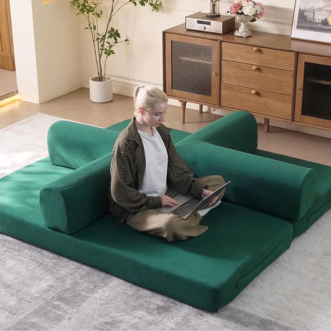 WHGBJA 79" Convertible Sleeper Sofa Bed with Cylindrical Pillow, Corduroy Folding Mattress Couch with Fixed-Shape Frame, Floor Sofa Lounge Couch for Living Room Bedroom Lounge Studio (Green)