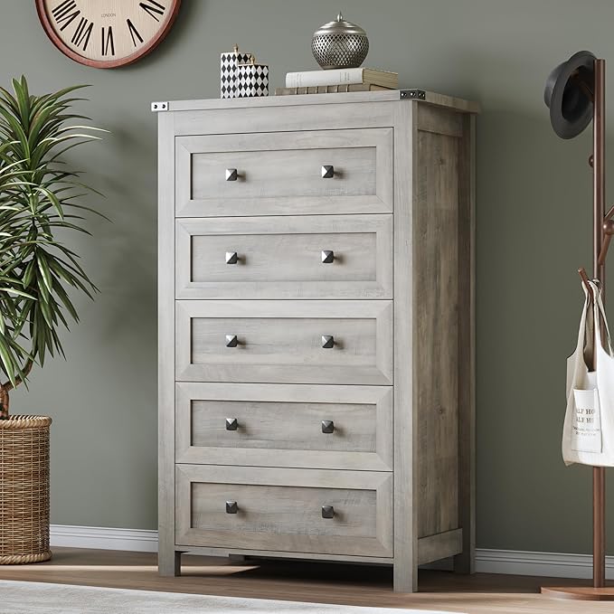BORNOON Tall 5-Drawer Dresser, Modern Wooden Storage Chest of Drawers, Dresser TV Stand, Wood Drawer Organizer with Metal Handles for Bedroom, Living Room, Hallway