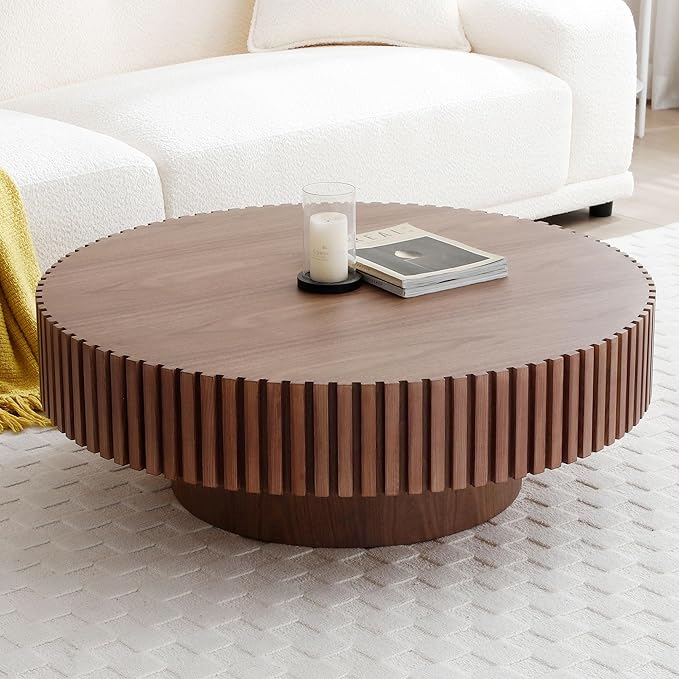 31.49" Walnut Round Coffee Table Wood, Modern Fluted Coffee Table for Living Room, Contemporary Low Circle Center Table Side Table for Small Space, Apartment, Farmhouse, Office, mesa de Cafe