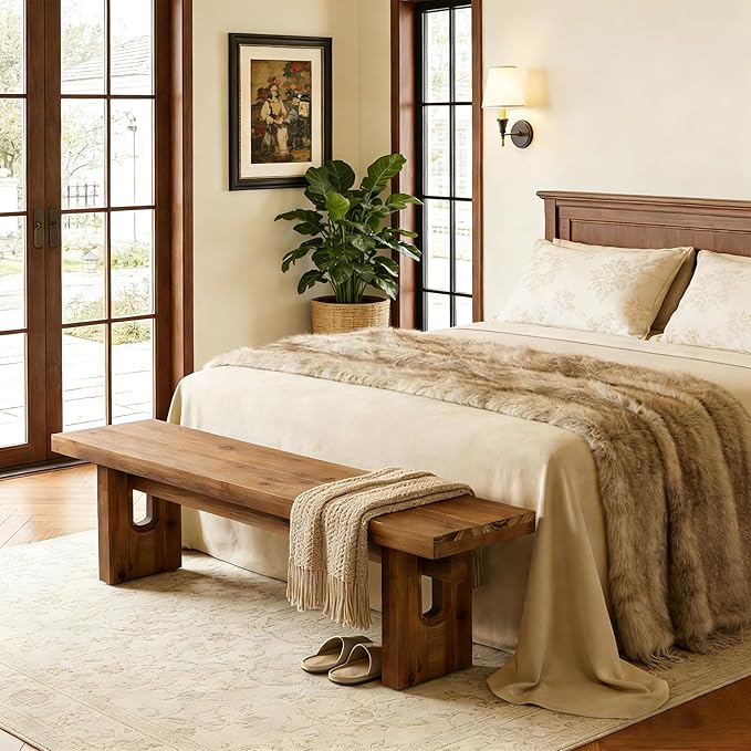 63" Solid Wood Bench, Extra Long Farmhouse Dining Bench for Kitchen Table, Rustic Wooden Entryway Bench, End of Bed Indoor Seating, Natural Brown