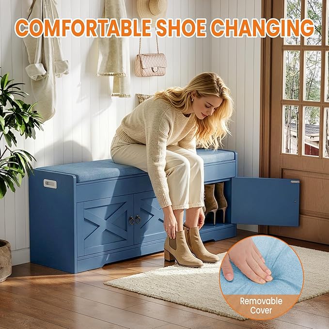 Farmhouse Shoe Storage Bench with Cushion Seat, 3-Tier Entryway Bench with Lift Top Storage and Adjustable Shelf, Bench for Hallway, Bedroom, Blue