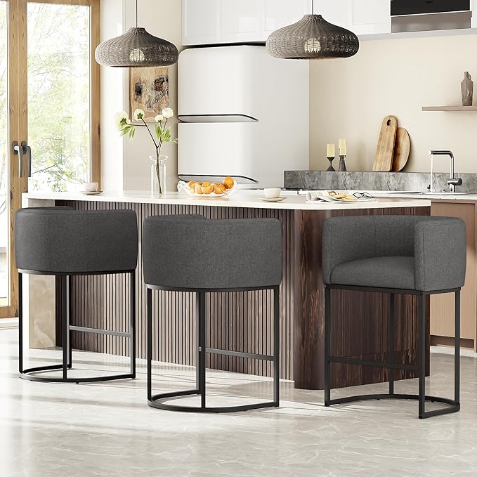 26" H Counter Height Bar Stools Set of 2, Modern Barrel Counter Stools with Backrest and Arms, Linen Fabric Upholstered Accent Barstools for Kitchen Island,Support 450 LBS (Carbon Black)