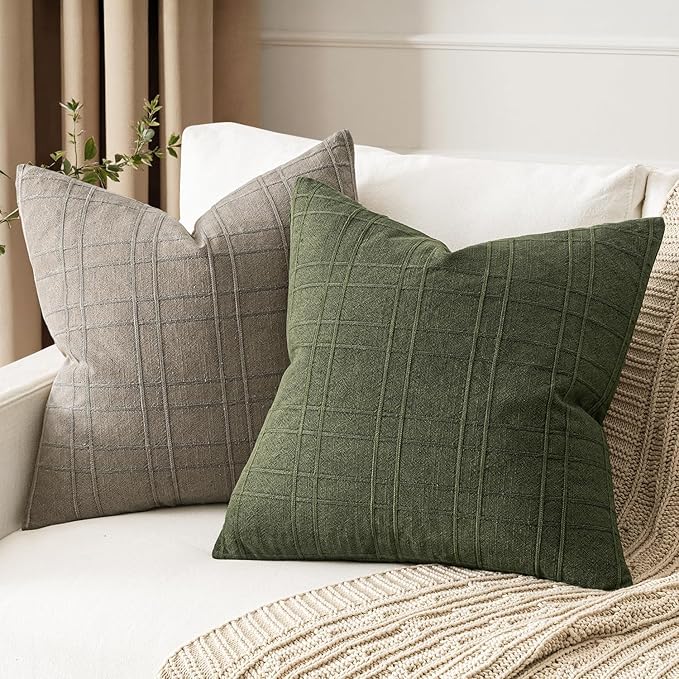 MIULEE Decorative Linen Check Euro Shams Throw Pillow Covers Neutral Farmhouse Vintage Spring Pillow Covers 22x22 Set of 2 Boho Modern Home Decor for Sofa Couch Bedroom Cushion Dark Olive Green
