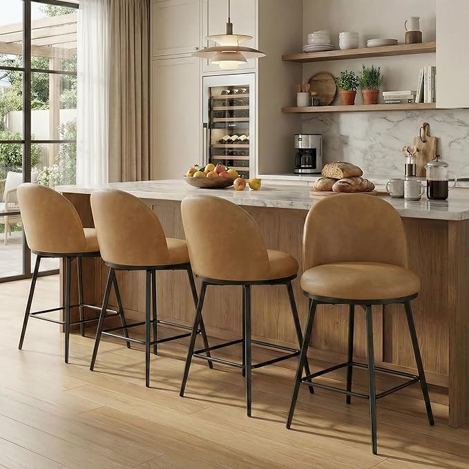 26" Counter Height Swivel Bar Stools Set of 3, Upholstered Faux Leather Barstools with Backs and Metal Legs for Kitchen Island,Brown