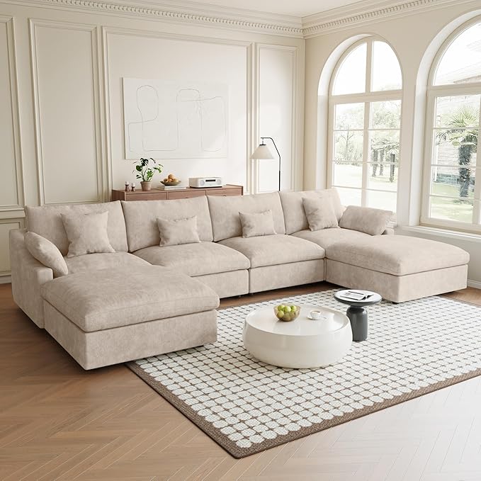 Khaki Modular Sectional Sofa Cloud Couch, 155.9" Oversized U Shaped Couch with Chaise Ottomans, Minimalist Deep Seat Sectional Couches for Living Room, Khaki Sofa Covers Washable&Removable