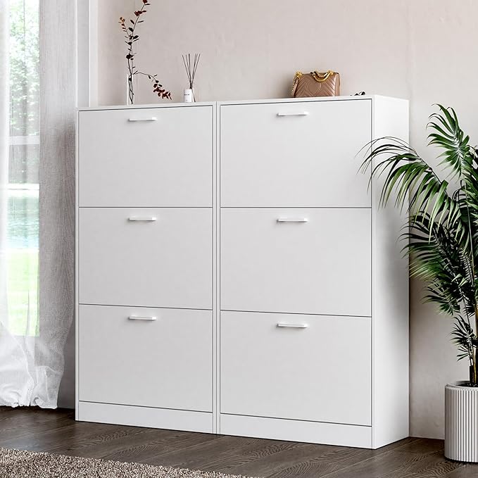 Shoe Cabinet with 3 Flip Drawers, Hidden Slim Freestanding Shoe Storage Cabinet, Narrow Freestanding Shoe Organizer for Entryway,Hallway, Living Room, White