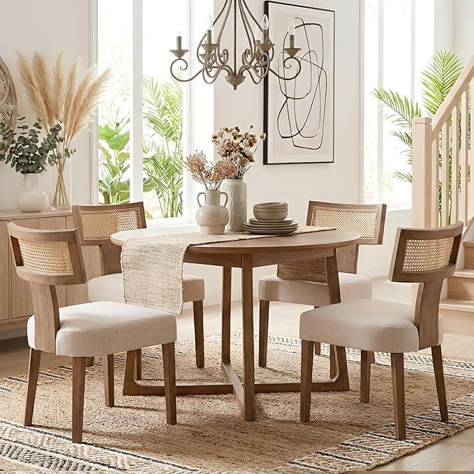 HNY Mid Century Modern Rattan Dining Chairs Set of 2, Farmhouse Linen Upholstered Accent Chair Curved Backrest Kitchen Chairs, with Hardwood Frame, Beige