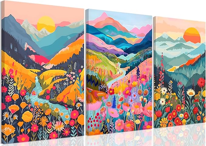 Colorful Watercolor Mountain Canvas Wall Art Set of 3 Boho Flower Picture Wall Decor Abstract Nature Landscape Artwork Paintings Posters Print for Living Room Bedroom Office 24x16In Framed