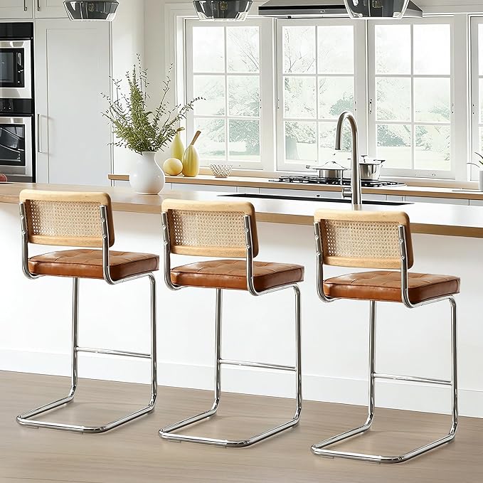 Zesthouse Natural Rattan Counter Stools Set of 3, 26" Mid Century Modern Bar Stools with Solid Wood Frame & Chrome Base, Upholstered Faux Leather Counter Height Barstools for Kitchen Island, Brown