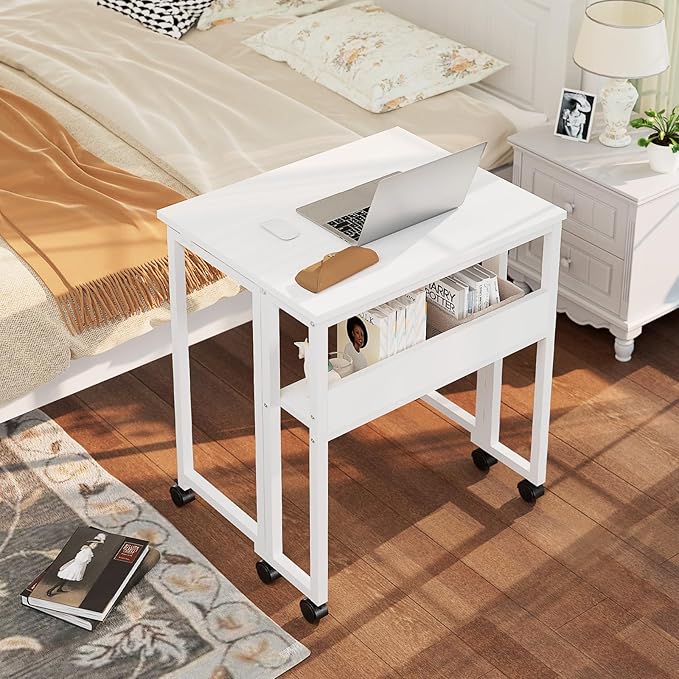 GreenForest Folding Desk Small Rolling Desk with Storage Shelf, 31.5 inch Foldable Computer Desk with Wheels for Small Space, Easy Assembly,Pure White
