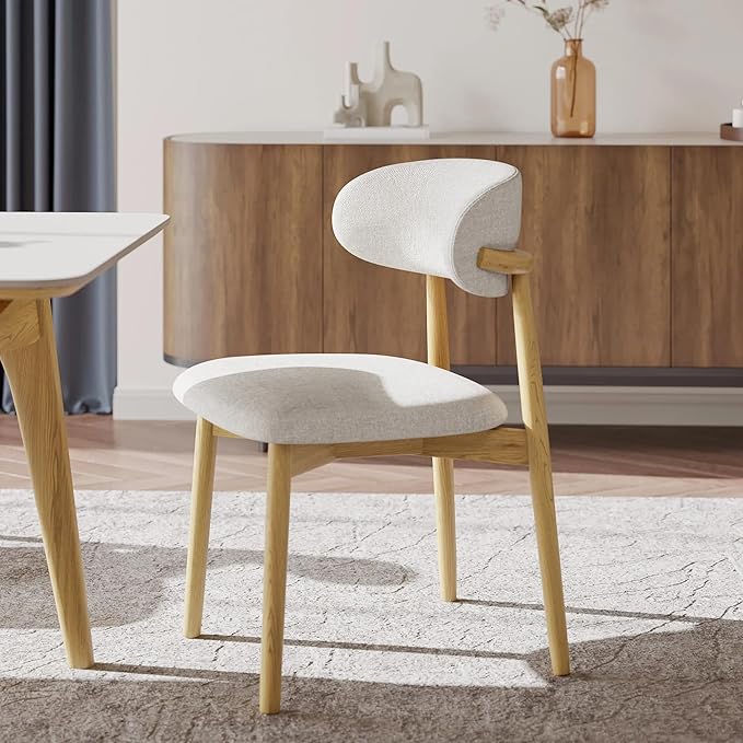 Modern Solid Wood Dining Chairs Set of 2 with Curved Back, Ergonomic Upholstered Seat, Natural Wood Legs with Adjustable Anti-Slip Foot Pad, for Kitchens, Living Rooms, Offices (S-Oak, Set of 2)