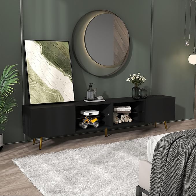 Bonzy Home 86" TV Stand, Modern Entertainment Center for 75" TV, Television Console Table with Storage Cabinets for Living Room, Black