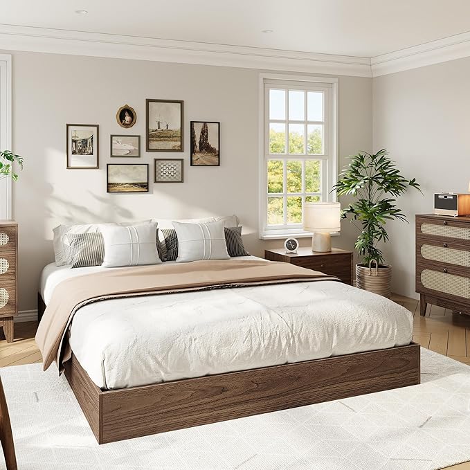 Wood Platform Bed with Sturdy Wooden Slats, King Size Floor-Standing Bed Frame, Modern Minimalist Design Bed Frame, No Box Spring Needed, Easy Assembly