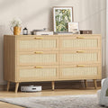 Rovaurx Rattan 6 Drawer Double Dresser for Bedroom, 47.2" Wide Boho Chest of Drawers, Modern Wooden Dresser Chest with Golden Handles, Beside Table for Closet, Living Room and Entryway, Natural Oak