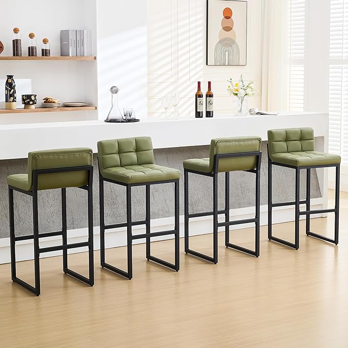 FIRAVOE Set of 4 Bar Stools, Upholstered Bar Height Barstools with Low Back and Thickened Metal Frame, Modern Tall Bar Chairs for Kitchen Island, Bar, Counter (Avocado Green, 4Pcs 30" Bar Stools)