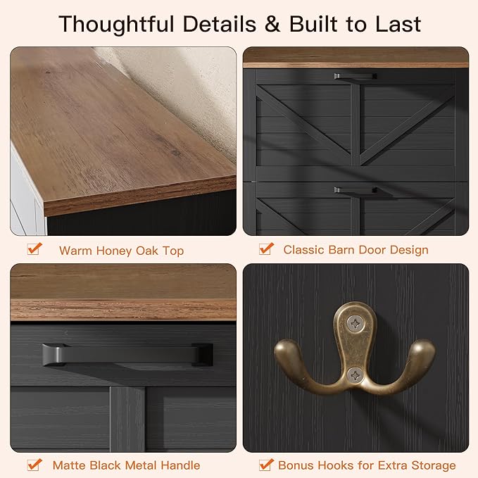 Shaker Barn Door Shoe Cabinet - 3 Flip Drawers & 3-Tier Adjustable Shelves, Ultra Slim Freestanding, Modern Rustic Brushed Black Farmhouse Shoe Rack for Entryway, Hallway, Foyer & Mudroom Black