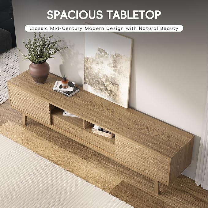 MU 70 Inch TV Stand for TVs up to 75 Inch, Mid Century Modern TV Console with Fluted Sliding Doors, Shelves & Drawers, Low Profile Entertainment Center for Bedroom, Living Room (Oak, 70")