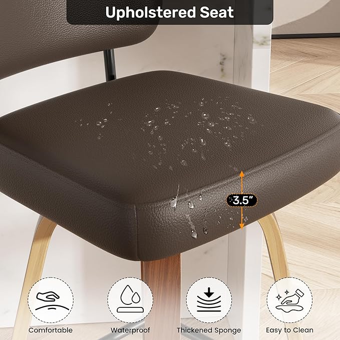 Swivel Bar Stools Set of 2, 26" Upholstered Faux Leather Counter Height Barstools with Walnut Back & Bentwood Legs, Mid Century Modern Bar Chairs Island Stools for Kitchen Counter, Coffee
