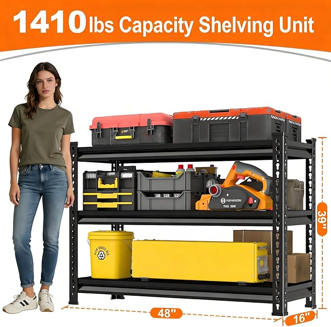 Metal Garage Shelving for Storage - 48'' W 1,410 Lbs Heavy Duty 3 Tier Utility Shelves Freestanding - Adjustable Rack Units for Basement Pantry Kitchen - 48" W x 16" D x 39" H Black