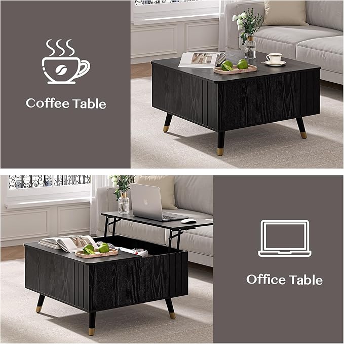 JOINICE 32" Square Lift Top Coffee Table with Storage, Modern Black Center Table for Living Room, Minimalist Wood Cocktail Table with Rising Desktop, Home Office