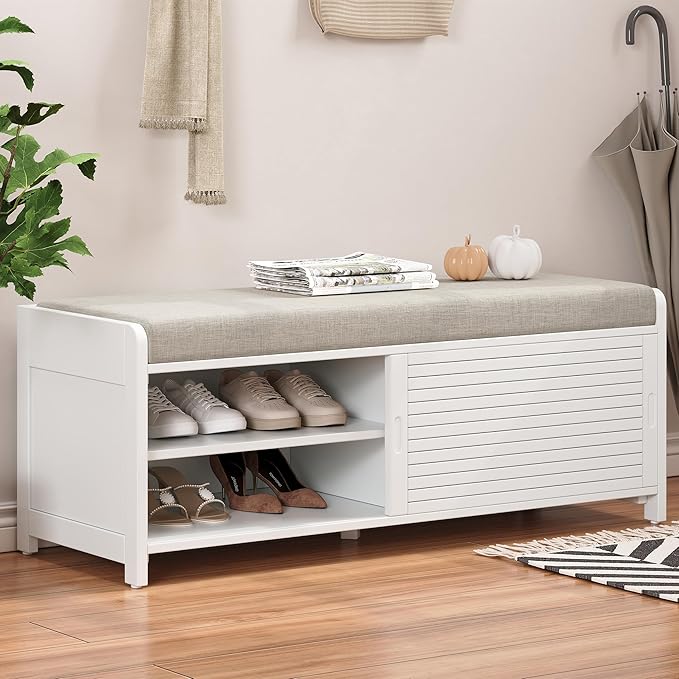 LUMISOL Shoe Bench with Storage and Cushion, Farmhouse Distressed Shutter Storage Bench with Retro Charm for Living Room, Entryway, White