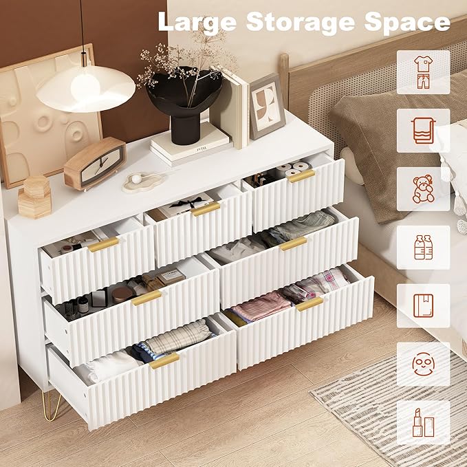 White Dresser for Bedroom, 7 Drawers Dresser with Golden Handles, Modern Wood Chest for Living Room, Hallway, Entryway