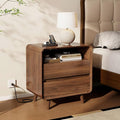 Nasonet Mid Century Modern Nightstand with Charging Station, Wood Bedroom End Tables Nightstands with Drawers, Curved Bedside Table for Living Room, Bedroom, Walnut