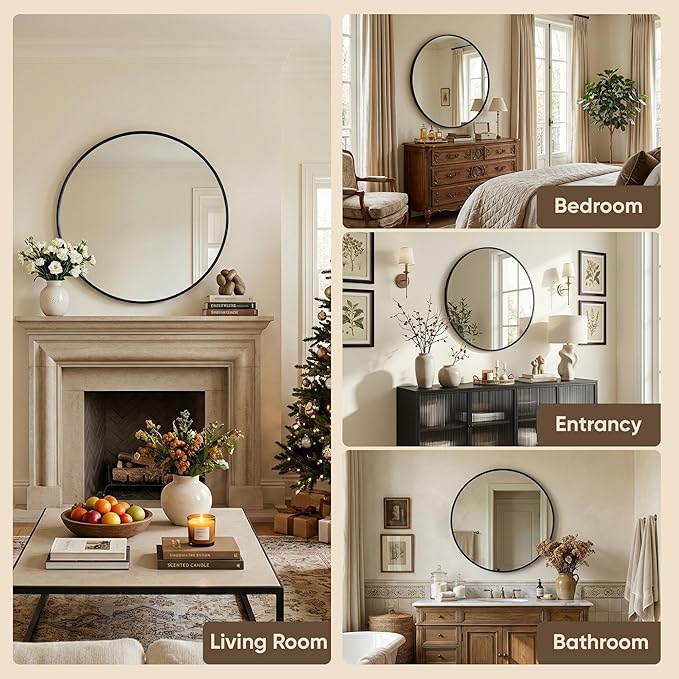 Antok 30 Inch Round Mirror for Wall, Round Bathroom Mirror, Circle Wall Mirrors with Black Metal Frame, Circle Mirrors Suitable for Wall, Bathroom, Vanity, Living Room, Entryway